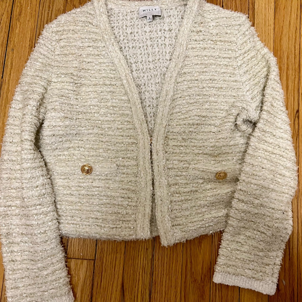 Milly Ivory Bouclé Tweed Knit Cardigan Sweater Jacket